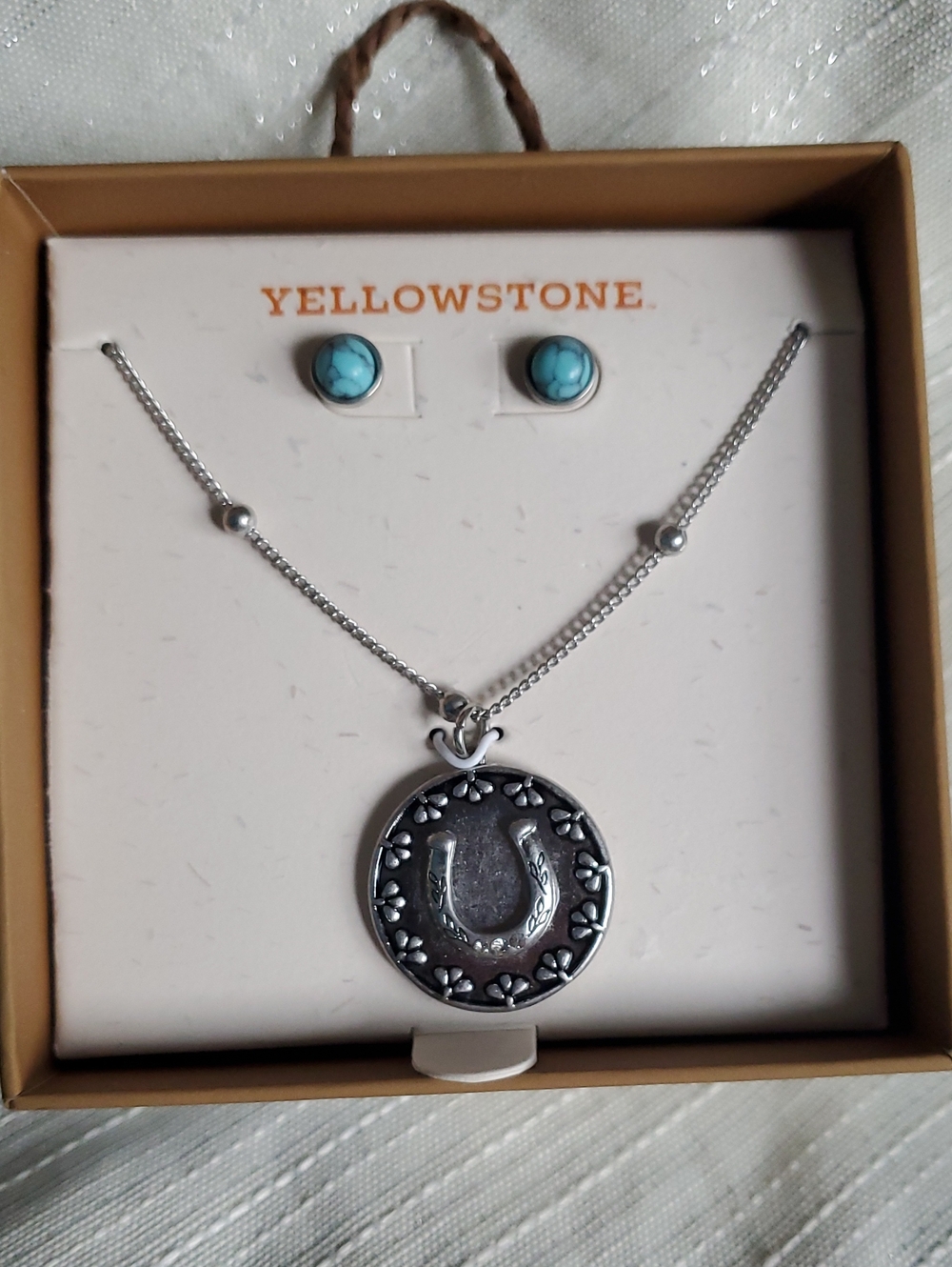 Silver Tone Horseshoe Coin Pendant Necklace And Earring Set